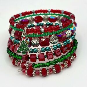 Festive handmade stocking stuffed, Red and Green Beaded Christmas bracelet